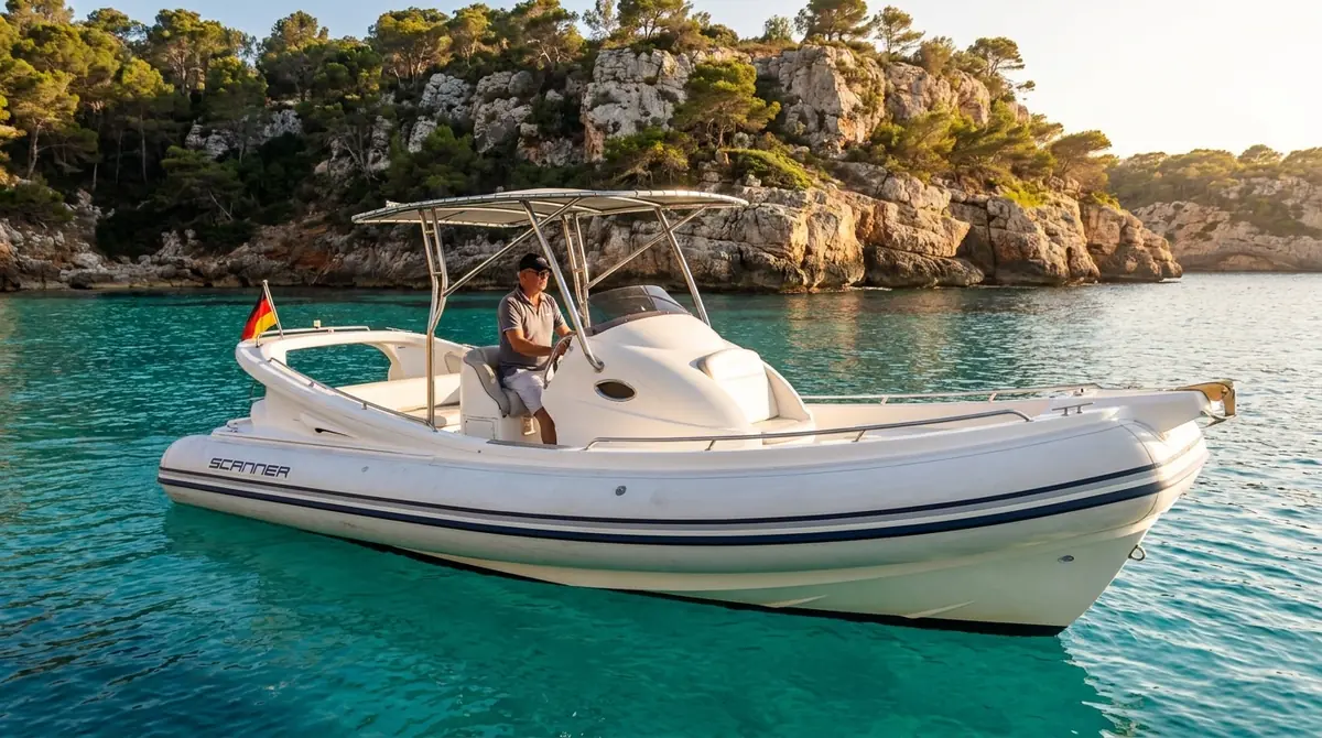 Charterboot in einer türkisen Bucht vor S'Arenal, Mallorca